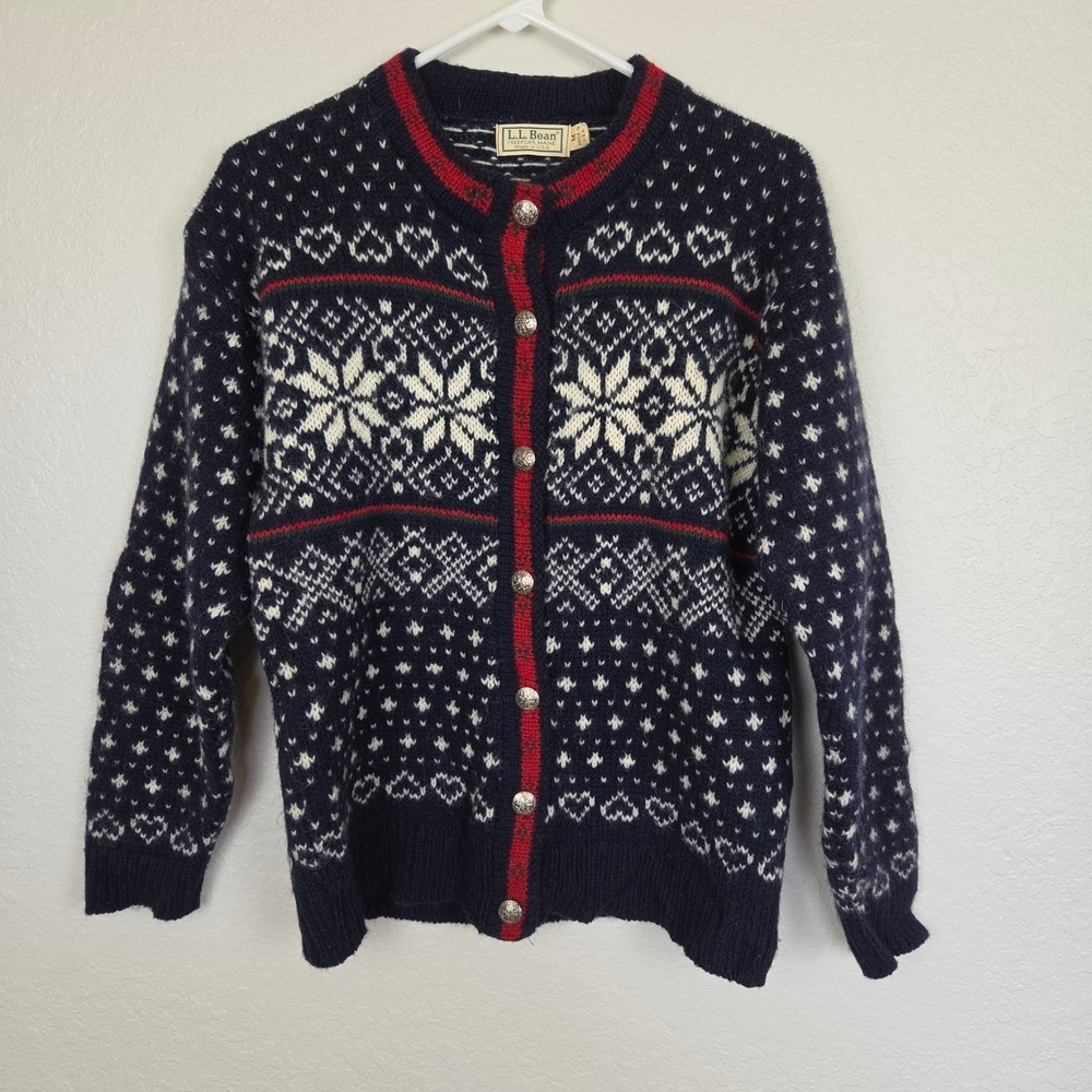 Vintage LL Bean Woman's Wool Blend Cardigan Sweater Med, Fair Isle Nordic Navy